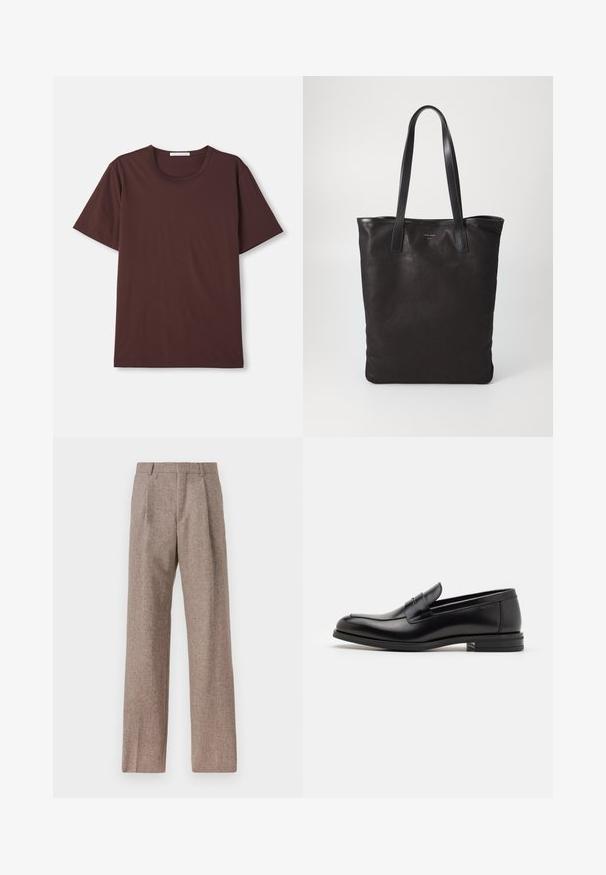 Tricou scurt cu mânecă din bumbac moale, de culoare burgundy închis. Dispune de un guler rotund și o croială lejeră, fără modele sau accesorii vizibile.; Pantaloni bej, cu talie înaltă, dintr-un material texturat. Prezintă picioare late și două pliseuri frontale pentru structură. Finisaj îngrijit, fără accesorii vizibile.; Mocasini din piele neagră cu o textură netedă, vârf rotund și o curea decorativă peste partea superioară. Toc mic, design minimalist.; Geantă de umăr din pânză neagră cu mânere din piele neagră. Design simplu, corp spațios și textură netedă. Fără logo-uri sau modele vizibile.