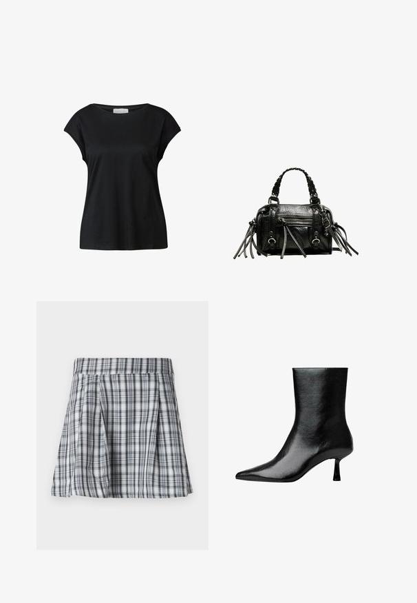 Černé tričko s krátkým rukávem vyrobené z měkké tkaniny, s kulatým výstřihem a uvolněným střihem, s jemnými švy podél rukávů.; Pruhovaná mini sukně v šedé a bílé barvě, s plisováním a pasem. Vyrobena z lehkého materiálu, s vertikálními a horizontálními pruhy.; Černé kotníkové boty vyrobené z lesklé kůže s špičatou špičkou a úzkým podpatkem, se hladkým povrchem a minimalistickým designem.; Černá kožená kabelka s pletenými držadly, texturovaným povrchem, přední kapsou na zip a dekorativními třásněmi. Kompaktní a strukturovaný tvar.