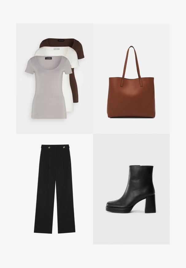 Tre korte ermer t-skjorter i grå, hvit og brun. Mykt bomullsstoff med scoop-hals og tettsittende design. Merker synlige på hver skjorte.; Svart vide bukser med høy midje, knappdetaljer på midjebåndet og frontplisser.; Sorte skinnankelsko med blokkhæl og plattformsåle, sett fra siden på en enkel hvit bakgrunn.; Brun lær tote veske med en jevn tekstur, åpen toppdesign og to skulderstropper. Har minimal søm og ingen synlige spiker.