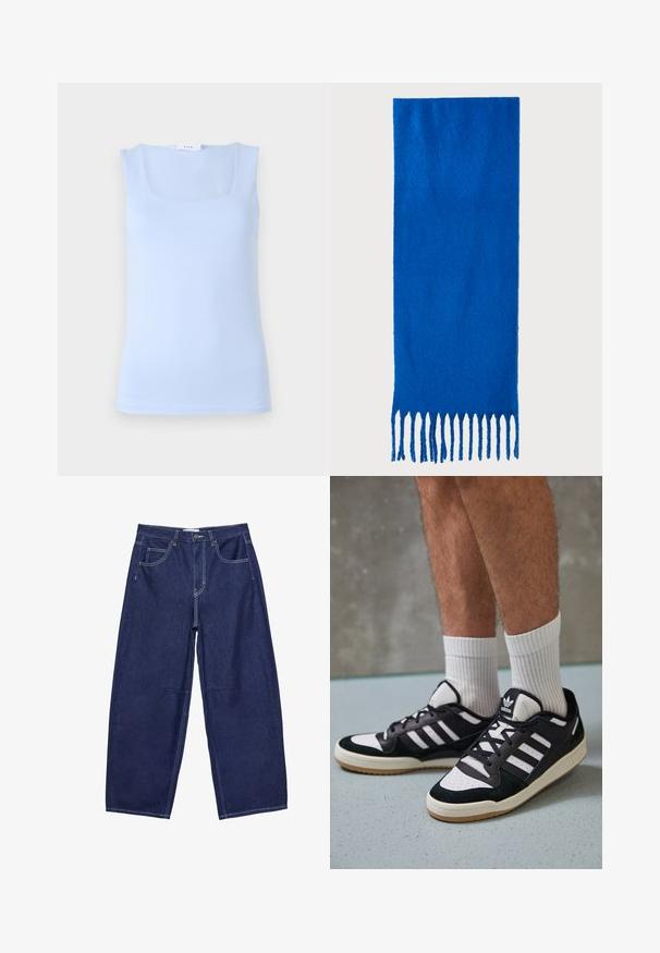 Ljusblå ärmlös topp med fyrkantig halsringning, tillverkad av mjukt tyg, med en figurnära design och en minimalistisk silhuett.; Mörkblå denimbyxor med vida ben och hög midja, fem fickor och kontrasterande vita sömmar. Slät textur, klassisk design.; Svartvita sneakers med ovandel i mocka och läder, med tre vita ränder, perforerad tå och sula av gummigummi.; Blå fransad scarf gjord av mjukt tyg; har en enhetlig färg med en texturerad yta och jämnt klippta fransar i botten.; Svart fyrkantig crossbody-väska i texturerat syntetmaterial. Har en präglad logodesign och justerbar rem. Dragkedjestängning.