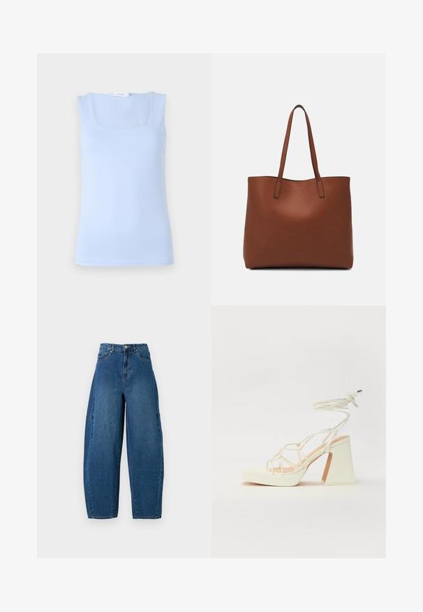 Gaiši zils bezpiedurkņu tops ar kvadrātveida dekoltē, izgatavots no gludas auduma, ar pieguļošu dizainu un minimālistisku siluetu.; Denim bikses vidējā zilā krāsā ar augstu jostasvietu, platām kājām un standarta piecu kabatu dizainu ar redzamām šuvju detaļām.; Baltas augstpapēžu sandales ar masīvu papēdi, ar siksnu dizainu un potītes saistītiem elementiem. Gluda tekstūra ar platformu priekšpusē, lai nodrošinātu papildu augstumu.; Brūna ādas iepirkumu soma ar gludu tekstūru, atvērta augšdaļa un divas plecu siksnas. Izceļas ar minimālām šuvēm un redzamu aparatūru nav.