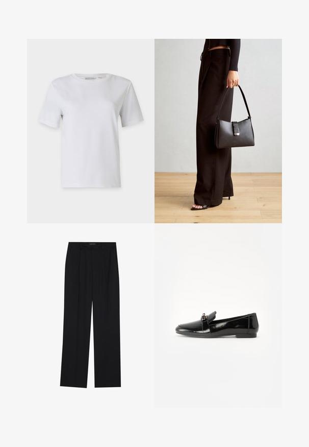 Valge lühikeste varrukate tees, mis on valmistatud siledast puuvillast. Omab ümarat kaelust ja sirget ääret, ilma mustrite ja kaunistusteta.; Mustad püksid sirgjoonelise disainiga, millel on kaks esist taskut ja muudatus. Valmistatud siledast, kergekaalulisest kangast.; Must musta nahk kingad tasase põhjaga, ümarate varvastega ja dekoratiivse riba kuldse detailiga. Sile, läikiv viimistlus.; Must musta kott, millel on struktureeritud kuju, sile tekstuur ja metallist klamber. Kombineeritud laiate mustade pükstega ja avatud varvaste sandaalidega puidust põrandal.