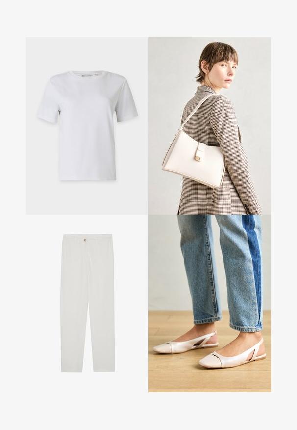 Vit t-shirt med kort ärm gjord av mjuk bomull. Har rundad halsringning och rak fåll, utan mönster eller dekorationer.; Vita, skräddarsydda byxor med rak benform, med knappstängning, bältesslingor och sidofickor; mjuk tygtextur.; Ljust rosa slingback-lägenheter med spetsig tå, tillverkade av ett slätt läderliknande material. Har utskurna detaljer på sidorna och en platt häl.; Vit läderhandväska med en strukturerad design, med en magnetknäppning och en axelrem, visad mot en neutral bakgrund.