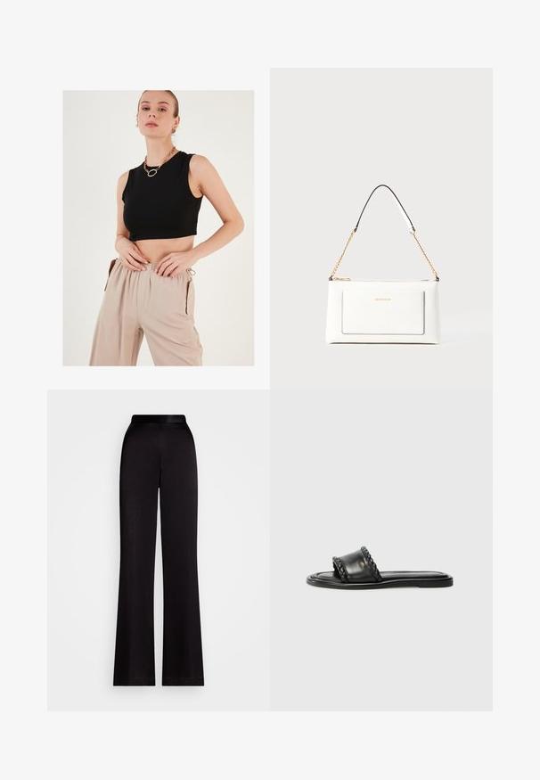 Fekete, rövidített, ujjatlan felső sima anyagból, bézs, bő szabású nadrággal, amely rugalmas derékpánttal és oldalsó zsebekkel rendelkezik.; Fekete bővülő nadrág sima anyagból, magas derekú és teljes hosszúságú kialakítással. Nincs látható minta vagy díszítés.; Fekete bőr szandál szőtt pánt részlettel, lapos talppal és letisztult dizájnnal. Sima textúra és minimalista profil.; Fehér bőr kézitáska, texturált felülettel, arany lánccal és fekete részletekkel. Elülső zsebbel és cipzáros zárással rendelkezik.