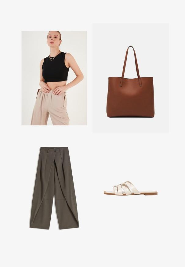 Crni kratki top bez rukava od glatkog materijala, uparen s bež hlačama širokog kroja s elastikom u struku i bočnim džepovima.; Hlače širokog kroja izrađene od teksturirane tamnosive tkanine. Imaju prednji plis, kopčanje na gumb i bočne džepove za praktičnost.; Ravne sandale s smeškom od gume, dizajnirane s tri preklapajuće bele kožne trake i malim detaljem mašne u sredini.; Smeđa kožna torba preko ramena s glatkom teksturom, otvorenim vrhom i dvjema naramenicama. Ima minimalne šavove i nema vidljivog hardvera.