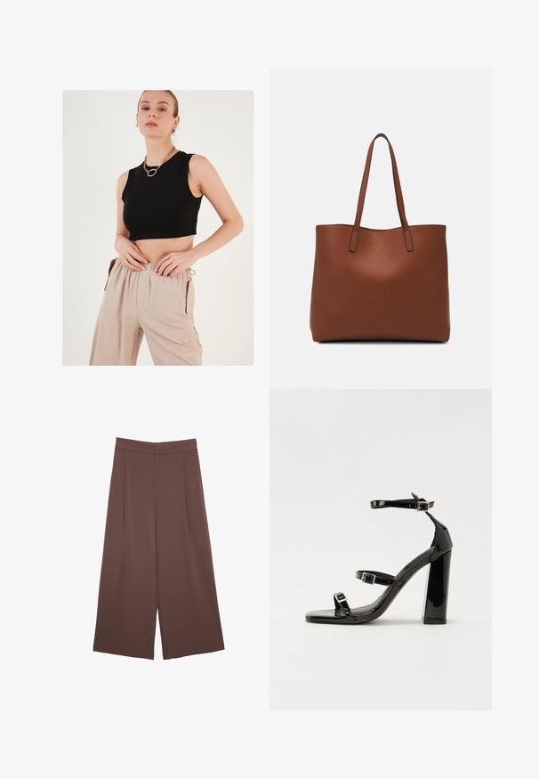 Čierny skrátený bezrukávový top z hladkej látky, skombinovaný s béžovými voľnými nohavicami s elastickým pásom a bočnými vreckami.; Hnedé nohavice so širokými nohavicami a hladkou textúrou, s vysokým pásom a prednými skladmi. Tkanina je ľahká a voľne sa pohybuje.; Čierne lakované sandále na podpätku so štvorcovou špičkou, navlečenými remienkami okolo členku a striebornými prackami. Disponujú masívnym blokovým podpätkom pre stabilitu.; Hnedá kožená taška na rameno s hladkou textúrou, otvoreným vrchom a dvoma ramenými popruhmi. Má minimálne šitia a žiadne viditeľné kovania.