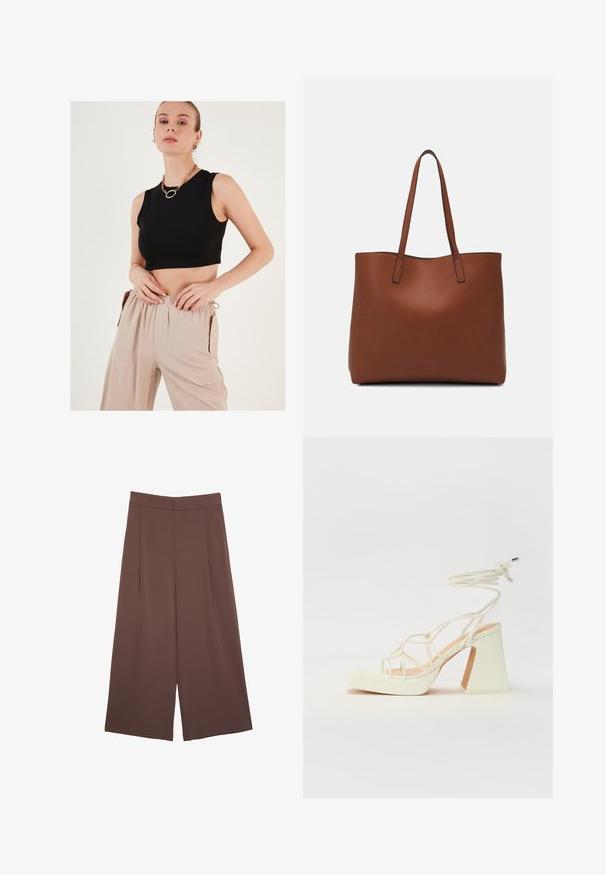 Črn kratek brezrokavnik iz gladkega materiala, v kombinaciji z bež ohlapnimi hlačami, ki imajo elastiko v pasu in stranske žepe.; Rjave široke hlače z gladko teksturo, ki imajo visok pas in sprednje naborke. Tkanina je lahka in prosto pada.; Bela sandala na visokih petah s debelim petam, ki ima obliko trakcev in vezanje okoli gležnja. Gladka tekstura z platformo spredaj za dodatno višino.; Rjava usnjena torba z gladko teksturo, odprto zasnovo zgoraj in dvema naramnima trakovoma. Opremljena je z minimalnim šivanjem in brez vidnih kovinskih delov.