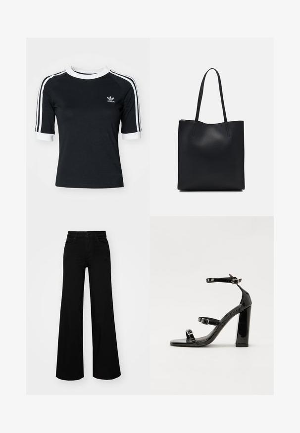 Juoda medvilninė marškinėliai su baltais akcentais, turintys apvalią iškirptę ir trumpas rankoves. Kairėje krūtinės pusėje yra baltas "Adidas" logotipas, o ant rankovių - trys juostos.; Juodos plačios kelnės iš denimo, turinčios struktūruotą juosmenį, diržo kilpas ir priekines kišenes. Lygus paviršius su klasikinio dizaino elementais.; Juoda blizgi lakuota basutė su kvadratiniu pirštu, kulkšnies dirželiais ir sidabro sagtimis. Yra tvirta blokinė kulno konstrukcija, užtikrinanti stabilumą.; Juodas odinis tote krepšys su lygia tekstūra, stačiakampio formos ir dviem ilgais rankenomis. Matomų metalinių detalių ar puošybos nėra.