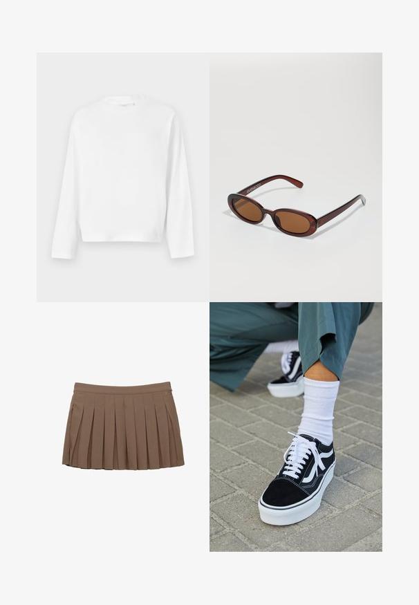 Gina Tricot BASIC LONG SLEEVE TEE - Langærmet T-shirt - white; Brun plisseret mini-nederdel med en talje og diskret logo-detalje på en hvid baggrund.; Sorte ruskinds sneakers med hvide accenter og snørebånd, der har en tyk hvid sål og kontrasterende syninger, parret med en hvid sok.; Runde, bruntonede solbriller med en glansfuld bordeauxramme. Slanke arme med diskret brandingdetalje. Flad linsedesign.; Brun vævet læderhandbag med en slasket, trekantet form. Har et flettet håndtag og en lynlåslukning langs toppen.