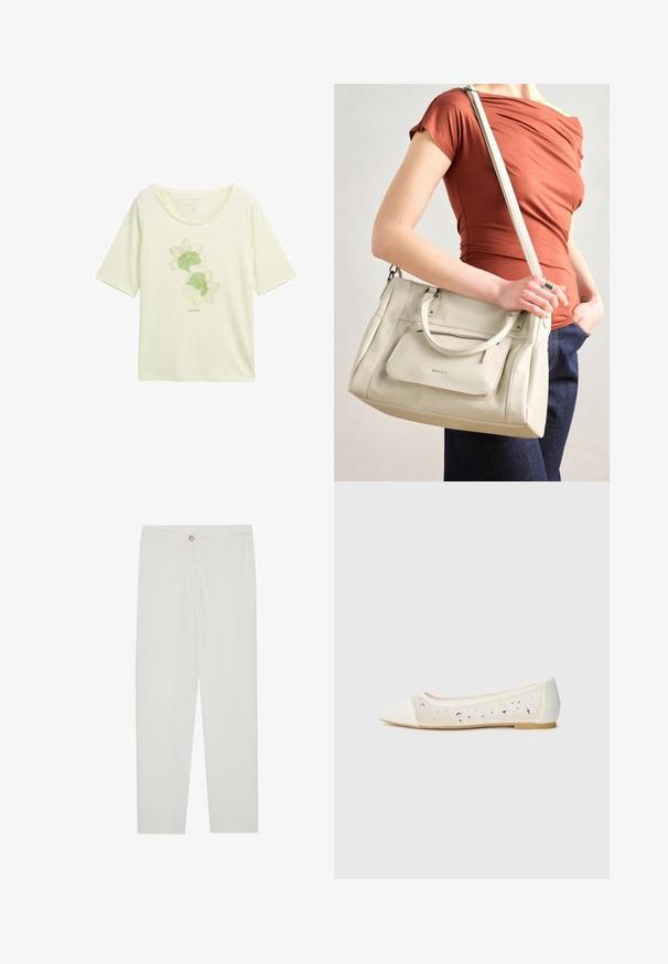 Svetlo rumena majica s kratkimi rokavi, izdelana iz mehkega materiala, s cvetličnim vzorcem v zeleni barvi in konturami, okroglo izrezanim ovratnikom.; Bela, krojena hlače z ravnimi nogami, ki vključujejo gumbasto zapiranje, zanke za pas in stranske žepe; gladka tekstura tkanine.; Pointe kratek v kremni usnjeni z transparentnim zgornjim delom, okrašenim s razpršenimi kamni. Mehak podplat za udobje, minimalističen dizajn.; Bela usnjena torba z dvema ročkama in odstranljivo naramnico, ki ima sprednji žep na zadrgo in gladko teksturo. Nositi jo na osebi na roki.