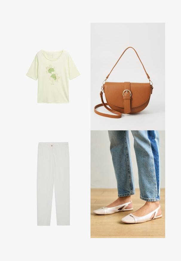 Light yellow T-shirt made of soft fabric, featuring a floral design in green with outlines, rounded neckline, and short sleeves.; White, tailored trousers with a straight leg design, featuring a button closure, belt loops, and side pockets; smooth fabric texture.; Pale pink slingback flats with a pointed toe, made from a smooth leather-like material. Features cut-out details at the sides and a flat heel.; Brown leather crossbody bag with a curved shape, gold hardware, and a buckle accent. Features a detachable shoulder strap.