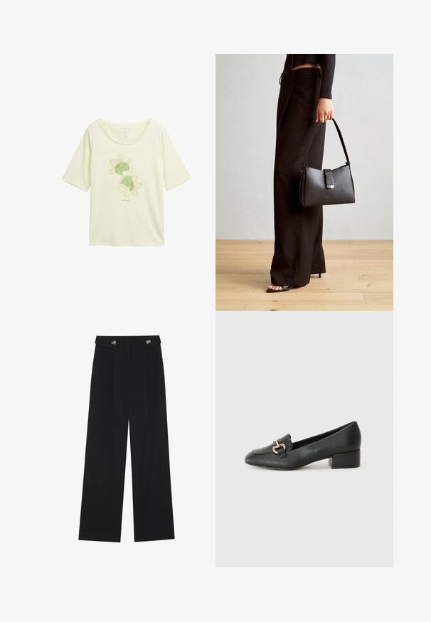 Lys gul T-shirt lavet af blødt stof, med et blomstermotiv i grøn med omrids, rund halsudskæring og korte ærmer.; Sorte vide bukser med høj talje, knapdetaljer på taljebåndet og frontfald.; Sorte læder loafers med flad hæl, der har en dekorativ guldhardwaredetalje foran og en glat overflade.; Sort håndtaske med struktureret form, glat overflade og metalspænde. Sammen med brede sorte bukser og sandaler med åben tå på trægulv.