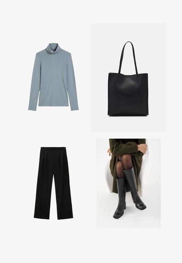 Svijetloplava majica s dugim rukavima i izrezom u vrat s preklopom, jednostavne i glatke teksture na bijeloj pozadini.; Crne široke hlače s plisama, s glatkom teksturom i visokim strukom. Minimalistički stil, bez vidljivih metalnih dijelova ili ukrasa.; Čizme od crne kože do koljena sa četvrtastim vrhom i blok petom, prikazane s manekenkom koja sjedi u maslinasto zelenom kaputu. Glatka tekstura, minimalni detalji.; Crna kožna torba za nošenje s glatkom teksturom, pravokutnim oblikom i dvije duge ručke. Nema vidljivih metalnih dijelova ili ukrasa.
