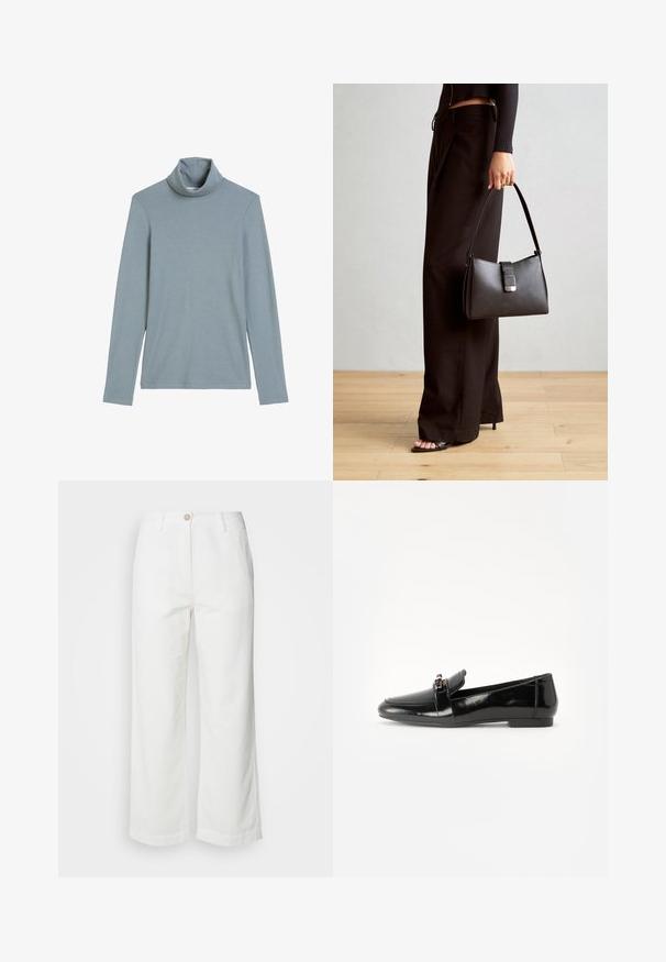 Hellblaues Langarm-Turtleneck-Shirt mit umgeschlagenem Kragen und einfacher, glatter Stofftextur auf weißem Hintergrund.; Weiße weit geschnittene Hose aus strukturiertem Stoff, mit einem Frontknopfverschluss und zwei seitlichen Taschen, in einem klaren, schlichten Design.; Schwarze Lackleder-Lederschuhe mit flacher Sohle, runder Spitze und einem dekorativen Riemen mit einem goldfarbenen Akzent. Glattes, glänzendes Finish.; Schwarze Handtasche mit strukturierter Form, glatter Textur und einem metallischen Verschluss. Kombiniert mit weiten schwarzen Hosen und offenen Sandalen auf einem Holzboden.