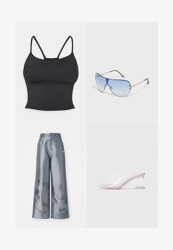 Fekete, testhez simuló camisole sima anyagból, vékony pántokkal és kerek nyakkivágással, további minták vagy díszítések nélkül.; Fényes szürke anyagú, bőszárú nadrág, fehér oldalsávokkal és lángmintával az alsó lábakon. Gombos és cipzáras záródás a deréknál.; Orgonaszínű sarkú mules világos műanyag felsőrészsel és átlátszó blokk sarokkal. Simaság jellemzi, nyitott orrú dizájn, minimalista forma.; Pilóta napszemüveg, melynek áttetsző kék lencséje, ezüst fém kerete és díszes csillag díszítések találhatók a lencsén. Simogató és elegáns dizájn.