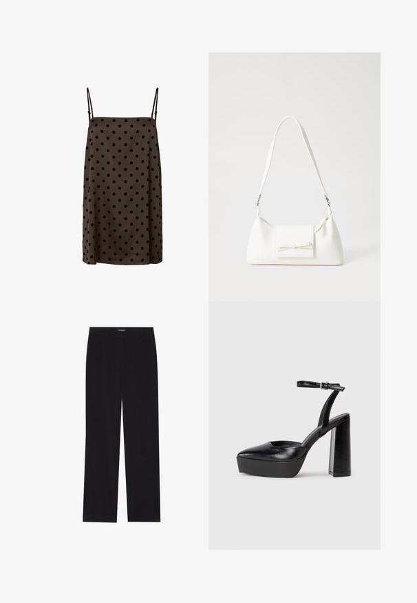 Ruda suknelė su juodomis taškelėmis, pagaminta iš lygios medžiagos. Turi plonas reguliuojamas petnešėles ir laisvą siluetą, baigiasi šiek tiek virš kelių.; Juodi švelnūs štrichiniai džinsai su tiesiu kirpimu, plokščiu liemeniu ir be matomų kišenių, su glotnia tekstūra ir vertikaliu briaunavimu.; Juodi platforminiai aukšti kulniukai su smailiu kojų pirštu ir reguliuojamu kulkšnies dirželiu. Pagaminti iš lygaus odos, turi masyvų blokinį kulną.; Balta sintetinė rankinė trikampio formos, plokščiu priekiu su užsegimu, kaspino detale, reguliuojama dirželiu, lygia tekstūra ir minimalistišku dizainu.