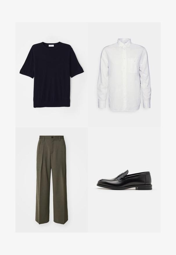 Tumed sinine lühikeste varrukatega kudumissärk ümmarguse kaelusega, pehme tekstuur ja mugav lõige. Omab ribatud äärist ja varrukaääriseid.; Pikkade varrukatega valge puuvillane särk, millel on nööbitav krae, eesmine tasku ja tavaline lõike. Tekstureeritud kangas, mille pind on sile.; Filippa K WIDE TROUSERS - Püksid - driftwood; Mustad mustad nahast loafers sileda tekstuuriga, ümarat ninaosa ja dekoratiivne riba vampi üle. Madal kihiline konts, minimalistlik disain.