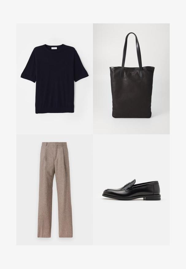 Tengerész kék, rövid ujjú kötött póló, kerek nyakkivágással, puha tapintással és laza fazonnal. Bordás szegéllyel és ujjak végeinél.; Barna, magas derekú nadrág texturált anyagból. Széles szárai és két elülső redője biztosítja a struktúrát. Ízléses kivitel, látható fémszerelés nélkül.; Fekete bőr loaferek sima textúrával, kerek orral és dekoratív pánttal a vampnál. Alacsony, rétegelt sarkú, minimalista dizájn.; Fekete vászontáska fekete bőr füllel. Egyszerű dizájn, tágas test és sima textúra. Nincsenek látható logók vagy minták.