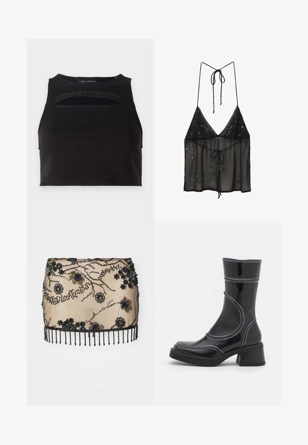 Czarny skrócony top na ramiączkach wykonany z gładkiego materiału, z wycięciami i logo z przodu w ozdobnym stylu. Prosta, sportowa sylwetka.; Czarna przezroczysta kamizelka na ramiączkach typu spaghetti, ozdobiona koralikowymi akcentami w kwiatowe wzory i z zapięciem na sznurki z przodu. Lekki i teksturowany materiał.; Czarna mini spódnica ozdobiona aplikacjami w kształcie kwiatów, cekinami oraz koralikowym wykończeniem dołem. Wykonana z przezroczystego materiału z misternymi detalami.; Czarne lakierowane botki za kostkę z białym przeszyciem, okrągłym noskiem i słupkowym obcasem. Posiadają zakrzywione linie designu oraz gładką teksturę.