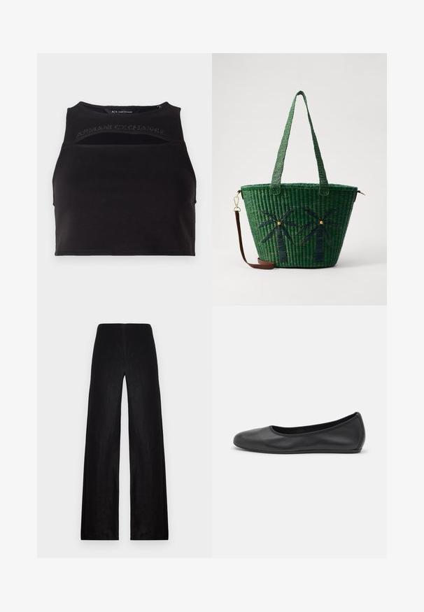 Juodas trumpas tankų viršus, pagamintas iš lygaus audinio, su įpjovomis ir priekiniais rašmenimis iš kalnų kristalų. Paprasta, sportinė siluetas.; Juodos plačios kelnės, pagamintos iš lengvo audinio. Turinčios aukštą liemenį, lygią tekstūrą ir švarias linijas be kišenių ar papuošimų.; Juodai odiniai baletai su apvaliu pirštu, lygi texture, minimalus siuvimo detales ir lanksčiu padų dizainu.; Žalia pynimo dydžio kuprinė su palmės medžiais tamsiai žaliai; turi dvi rankenas ir nuimamą rudos odos petinę dirželį.