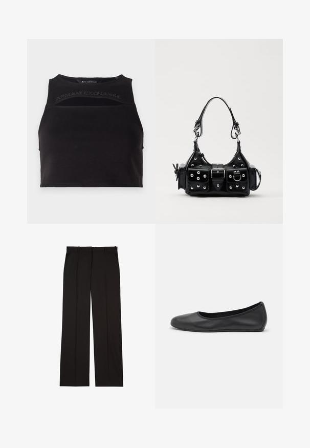 Zwart cropped tanktop van gladde stof, met uitsparingen en een logo aan de voorkant in gepinde letters. Eenvoudig, atletisch silhouet.; Zwarte op maat gemaakte broek van een gladde stof, met een rechte pijp en twee zijzakken. Elegante en minimalistische constructie.; Zwarte leren ballerina met een ronde neus, gladde textuur, minimale stikdetails en een flexibele zoolontwerp.; Zwarte lederen handtas met een gebogen ontwerp, voorzien van zilveren studs, een gesp en twee zijvakken. Verstelbare schouderband voor verschillende draagmogelijkheden.