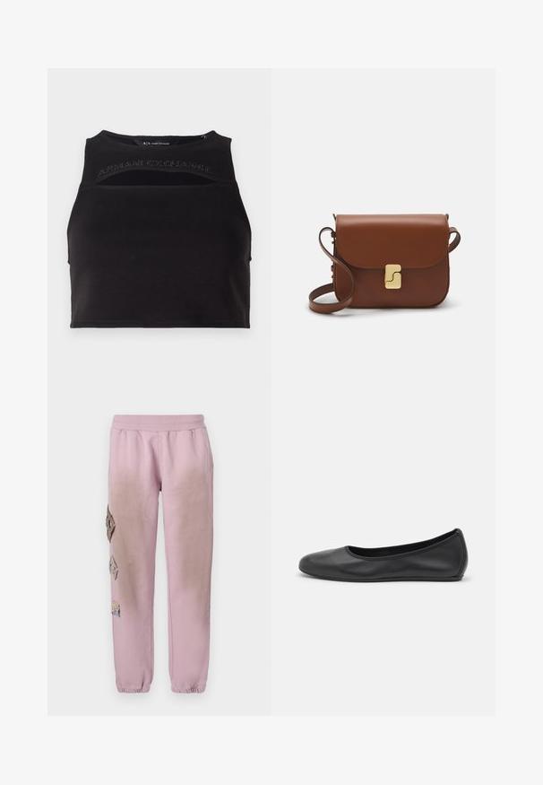 Zwart cropped tanktop van gladde stof, met uitsparingen en een logo aan de voorkant in gepinde letters. Eenvoudig, atletisch silhouet.; Roze sweatpants met een elastische tailleband, voorzien van decoratieve patches in ruitvorm aan de linkerkant en elastische boorden bij de enkel.; Zwarte leren ballerina met een ronde neus, gladde textuur, minimale stikdetails en een flexibele zoolontwerp.; Bruine leren handtas met een klep sluiting, gouden hardware, een schouderband en een gladde textuur. Compact rechthoekige vorm.