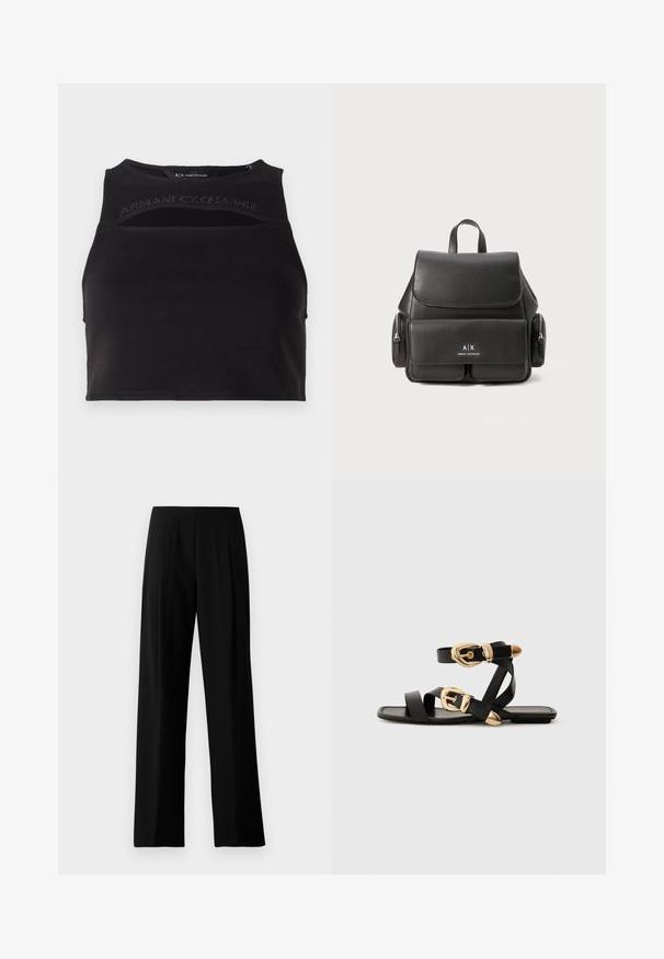 Must musta tank top, mis on valmistatud siledast kangast, millel on lõigatud detailid ja esiküljel särava kirjaga logo. Lihtne, sportlik siluett.; Mustad laiad mustad püksid, valmistatud siledast kangast, millel on lame vöökoht ja esiosal voldid, et saavutada kohandatud välimus. Ilma nähtavate kinnituste või mustriteta.; Mustad nahast sandaalid kuldsete pandlitega, millel on mitmed rihmad ja lame talladisain avatud varba jaoks.; Must must nahk Seljakott klapi sulgemisega, esikoti, külgsete tõmblukkudega sektsioonide ja ülemise käepidemega. Esiküljel on logo detailid.