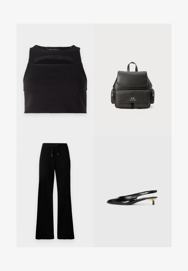 Black cropped tank top made of smooth fabric, featuring cut-out details and a front logo in studded lettering. Simple, athletic silhouette.; Black wide-leg sweatpants with a drawstring waistband, side slit accents, soft fabric, and a sleek design.; Black slingback pump with a pointed toe, glossy leather finish, and a small heel with a gold accent. Sleek design with a open back.; Black leather backpack with a flap closure, front pocket, side zipper compartments, and a top handle. Features logo detailing at the front.