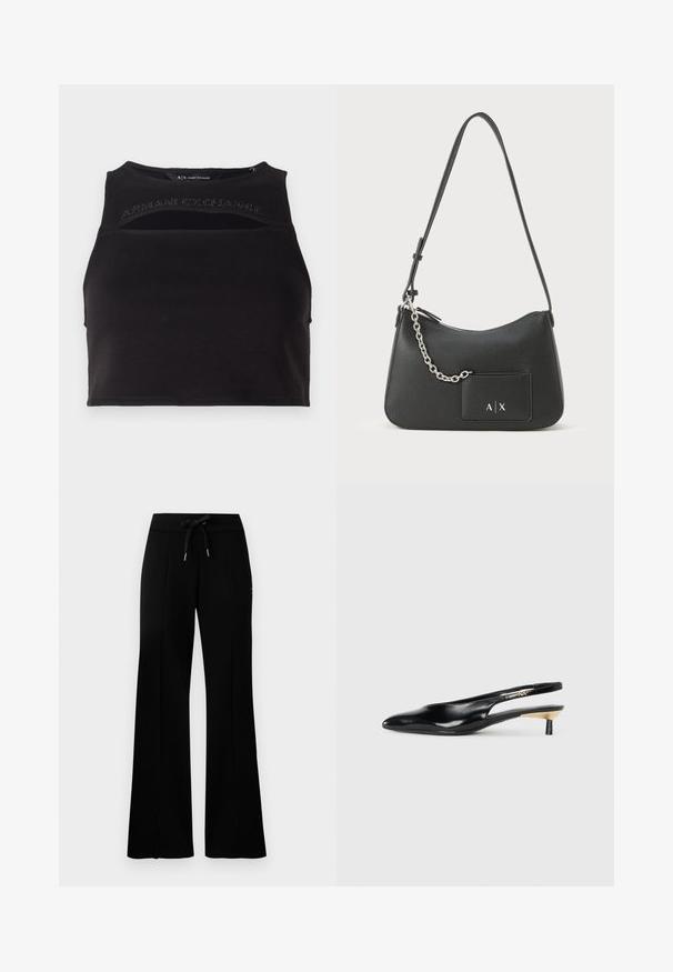 Melnā īsā topa krekls, izgatavots no gludas auduma, ar izgriezumiem un priekšējo logo, kas veidots ar uzšūtiem burtiem. Vienkārša, sportiska silueta.; Melnas platās svārku bikses ar sašūtu jostu, sānu iegriezumiem, mīkstu audumu un glītu dizainu.; Melnas slingback pump kurpes ar smailu purngalu, spīdīgu ādas apdari un mazu papēdi ar zelta akcentu. Elegants dizains ar atvērtu aizmuguri.; Melnas ādas plecu soma ar teksturētu apdari, rāvējslēdzēju un sudraba ķēdes akcentu. Iekļauj priekšējo kabatu ar logotipa detaļu.