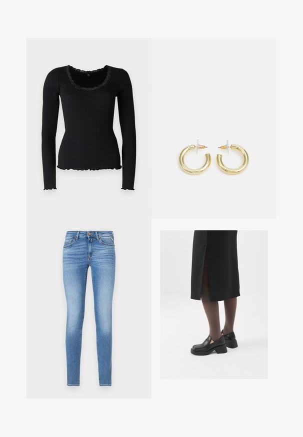 Melna garām piedurknēm topa izstrādājumā, kas ir izgatavots no ribota auduma, ar viļņotu mežģīņu apmalēm ap platu noapaļotu dekoltē un kraukšķīgu apakšmalu.; Jūras spēku krāsas kordūras krekls ar pogu aizdari, apkakli un trīs ceturtdaļu piedurknēm. Ar pepluma stila sapulcinātu apakškalu un maigu tekstūru.; Šauri gaismis zili džinsi ar vidēju jostas augstumu, priekšējo pogu un piecu kabatu dizainu.; Melni ādas apavi ar noapaļotu purngalu, biezām bloku papēžiem un elastīgiem sānu akcentiem, apvienoti ar tumšām zeķubiksēm un melnu svārku ar šķirbu.; Zelta auskari ar gludu, spīdīgu apdari. Apaļš dizains, kas ietver mazu tapu un caurspīdīgu pamatni drošai valkāšanai.