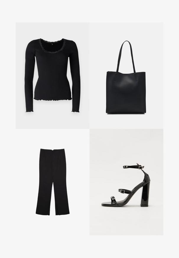 Black long-sleeve top in ribbed fabric, featuring a scalloped lace trim around a wide scoop neckline and ruffled hem.; Black trousers with a straight fit, featuring front pockets and side slits at the hem. Made of soft, smooth fabric. Suitable for various occasions.; Black patent heeled sandals with a square toe, ankle straps, and silver buckles. Features a chunky block heel for stability.; Black leather tote bag with smooth texture, rectangular shape, and two long handles. No visible hardware or embellishments.