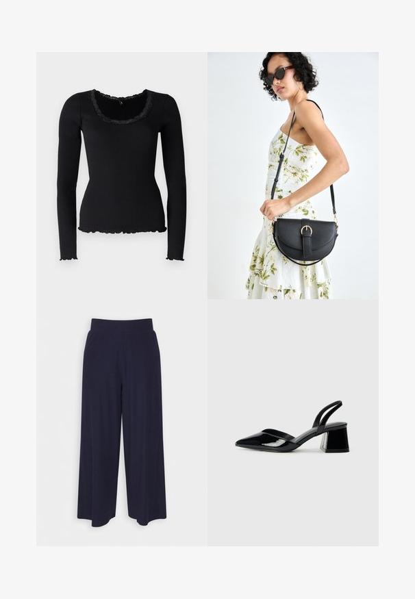 Black long-sleeve top in ribbed fabric, featuring a scalloped lace trim around a wide scoop neckline and ruffled hem.; Wide-leg trousers in dark navy fabric with a ribbed texture. Features a smooth waistband and a flowy silhouette, reaching mid-calf length.; Black patent leather slingback heels with a pointed toe and a geometric block heel. Features a sleek, minimal design and smooth texture.; Black leather handbag with a curved shape, detachable strap, and gold hardware. The bag features a flap with a buckle detail.