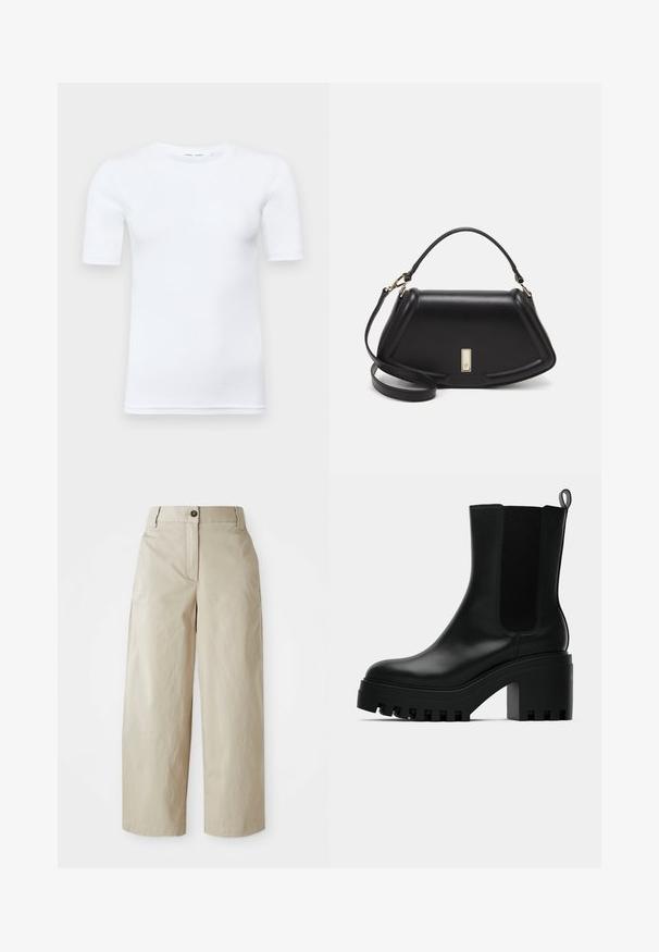White short-sleeve t-shirt made of cotton. Features a round neckline and a smooth texture, with minimal stitching visible at the hem.; Beige high-waist wide-leg trousers with button and zip closure, belt loops, and side pockets, displayed on a white background.; Black leather ankle boot with round toe, chunky platform sole, and mesh side accents. Features a pull tab for easy wear.; Black leather handbag with a structured design, featuring a cropped shape, top handle, and gold hardware accent. Adjustable shoulder strap included.