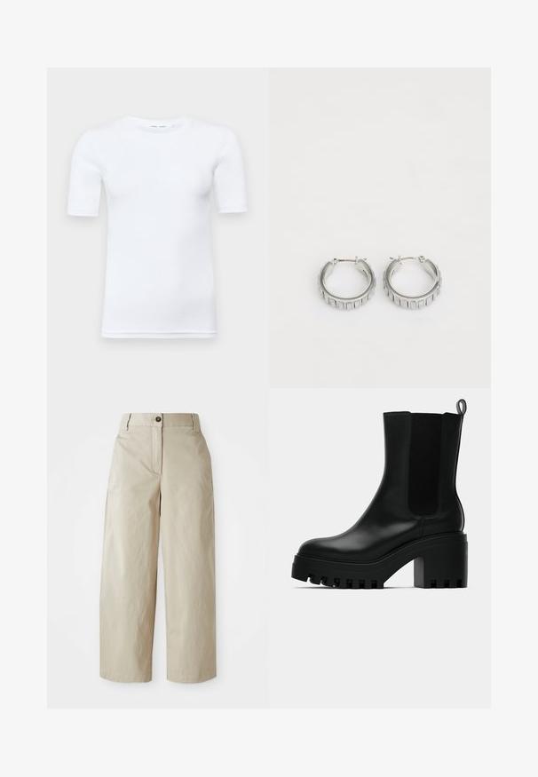 T-shirt blanc à manches courtes en coton. Il présente un col rond et une texture lisse, avec des coutures minimales visibles à l'ourlet.; Pantalon beige taille haute à jambes larges avec fermeture à bouton et zip, passants de ceinture et poches latérales, présenté sur un fond blanc.; Bottines en cuir noir avec bout rond, semelle épaisse, et accents en maille sur les côtés. Comprend une languette à l'arrière pour un enfilage facile.; Boucles d'oreilles en argent en forme de créole avec un design texturé comportant des rayures verticales. Forme circulaire avec un fermoir à attache sécurisée. Fini lisse.