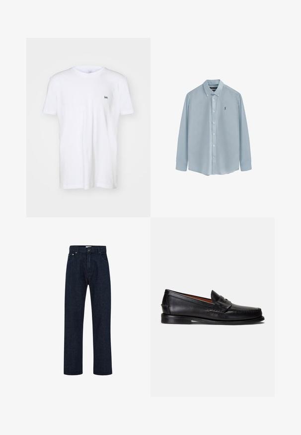 T-shirt bianco in cotone con maniche corte, caratterizzato da un piccolo logo ricamato nero "Lee" sul lato sinistro del petto. Design semplice e classico.; Camicia azzurra a maniche lunghe realizzata in tessuto liscio, con colletto abbottonato, bottoni frontali e un piccolo logo scuro sul lato sinistro del petto.; Jeans in denim blu scuro con vita alta, gamba dritta e ampia, tasche frontali e chiusura con bottone metallico. Classico design a cinque tasche.; Mocassini in pelle nera con finitura liscia, punta arrotondata e fascia decorativa sulla tomaia. Caratterizzati da una suola nera bassa.