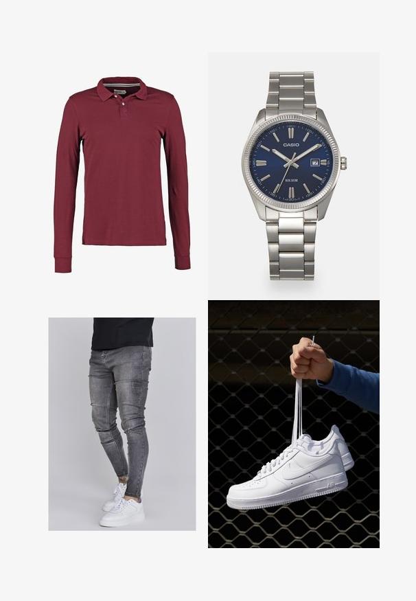 Langærmet polo skjorte i burgundy med klassisk krave, to-knap lukning og slidser i siden for bedre bevægelse. Glat bomuldsstof.; Slank jeans i falmet grå denim med slidte detaljer ved knæene, parret med hvide sneakers. Glat tekstur, slim fit design.; Hvide lædersneakers med perforeringer, rund tå, flad sål og tykke snørebånd, med et synligt swoosh-logo og "AIR" på hælen.; Sølv rustfrit stål urrem med en marineblå urskive, metallic timemarkører og et datovindue kl. 3. Vandafvisende op til 50 meter.