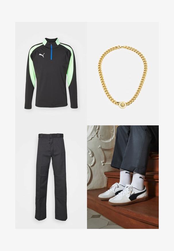 Črna atletska majica z dolgimi rokavi z svetlo zelenimi detajli, z zadrgo na vratu in modro zadrgo, z belim logotipom Puma na prsih.; Črne hlače iz trpežnega blaga, z ravnim krojem, pasom z zankami za pas in šivi za dodano teksturo.; Puma superge v beli in črni usnjeni izvedbi, sročene s rjavim gumijastim podplatom. Usklajene z belimi nogavicami z črnim logotipom, nosijo se s temnimi hlačami.; Zlata verižica z velikimi medsebojnimi povezavami, ki ima v središču krožni obesek z izbočenim grbom.