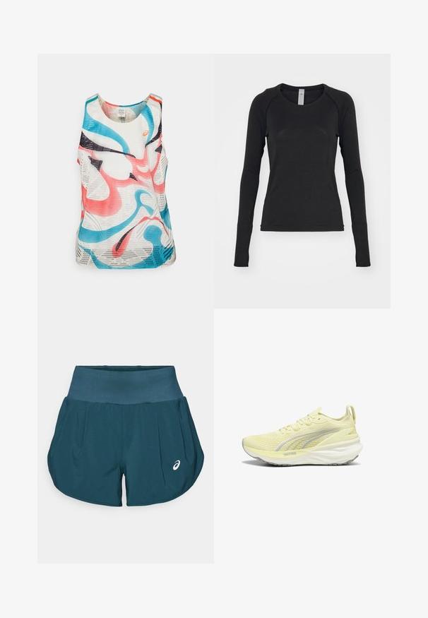 Bez piedurknēm sporta koja, izgatavota no elpojoša sietveida auduma. Iezīmē abstraktus rakstus rozā, zilā un melnā krāsā uz balta fona.; Melna garām piedurknēm krekls, izgatavots no mīksta auduma. Iekļauj apaļu kakla izgriezumu un raglan piedurknes ar caurumiem īkšķiem pie aprocēm. Minimalistisks dizains.; ASICS ROAD SHORT - Sporta šorti - saxon green; Gai dzeltenas sporta apavi ar teksturētu virspusi, pelēkām akcents un mīkstu zoli. Satur auklu aizdari un cilpu uz papēža.