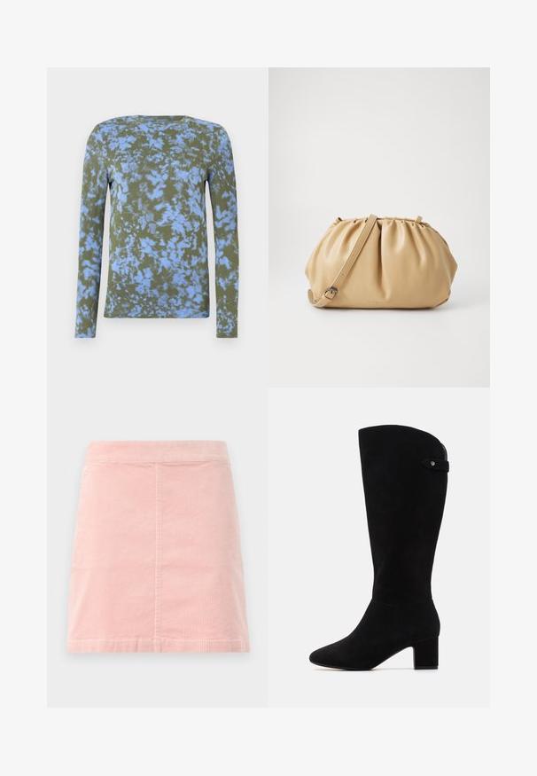 Long-sleeve t-shirt in olive green with blue tie-dye pattern. Features a crew neckline and soft texture. Suitable for casual wear.; Pink corduroy mini skirt with a fitted waist and vertical ribbed texture. The hem is straight, and it features a simple design with no embellishments.; Black suede knee-high boots with a pointed toe and block heel. Features a smooth texture and a simple design, with a side strap accent.; Tan leather handbag with a pleated design, adjustable strap, and a rounded shape. Minimalistic branding on the front surface.