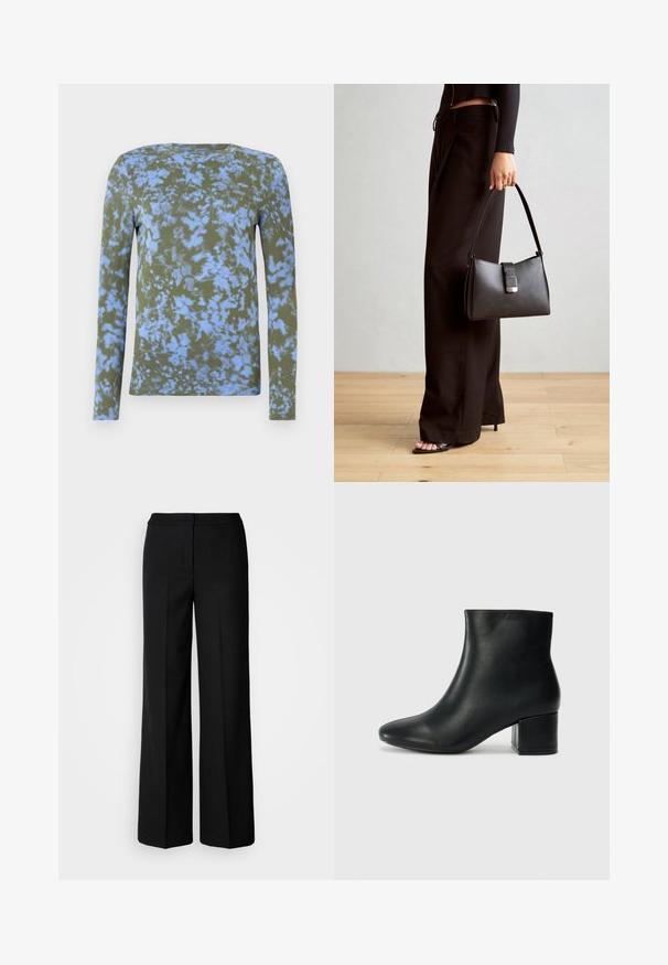 Langermet t-skjorte i olivengrønn med blå tie-dye mønster. Har rund hals og myk tekstur. Passer til hverdagsbruk.; Svarte vide bukser med et glatt stoff, med høy livvidde, skreddersydde sømmer og et minimalistisk design. Ingen synlig maskinvare eller lommer.; Sorte skinn ankelsko med spiss tå og chunky hæl. Glatt tekstur med minimale detaljer og et elegant, tettsittende design.; Svart håndveske med strukturert form, jevn tekstur og metallisk lås. Kombinert med brede svarte bukser og sandaler med åpen tå på tregulv.