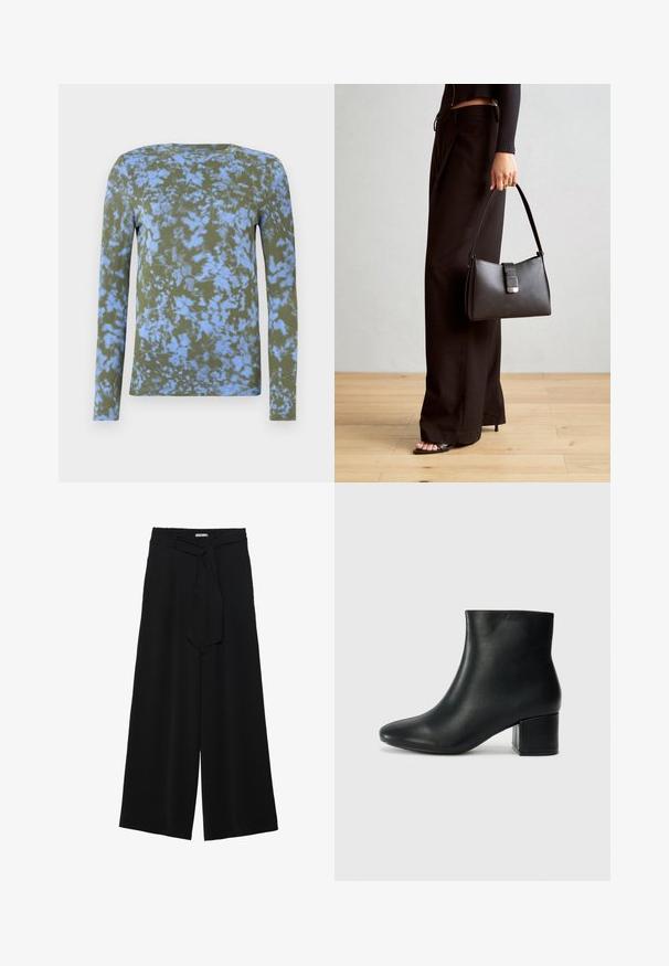 Langärmliges T-Shirt in Olivgrün mit einem blauen Batikmuster. Verfügt über einen Rundhalsausschnitt und eine weiche Textur. Geeignet für die Freizeit.; Schwarze weite Hosen aus strukturiertem Stoff, mit elastischem Bund und einem abnehmbaren Bindegürtel in der Taille für eine verstellbare Passform.; Schwarze Leder-Ankle-Boots mit spitzem Zehenbereich und klobigem Absatz. Glatte Textur mit minimalen Akzenten und einem eleganten, taillierten Design.; Schwarze Handtasche mit strukturierter Form, glatter Textur und einem metallischen Verschluss. Kombiniert mit weiten schwarzen Hosen und offenen Sandalen auf einem Holzboden.