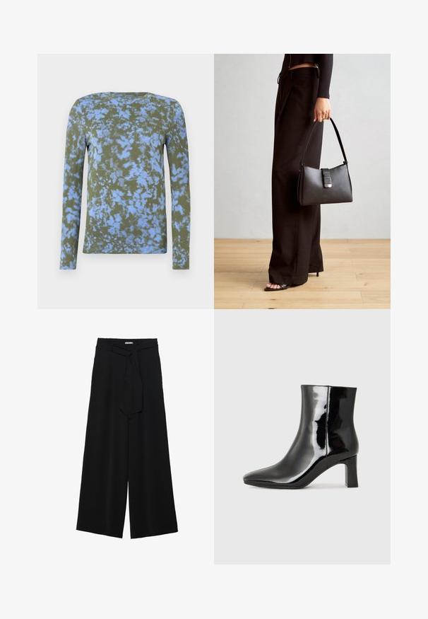Long-sleeve t-shirt in olive green with blue tie-dye pattern. Features a crew neckline and soft texture. Suitable for casual wear.; Black wide-leg pants featuring a textured fabric, an elastic waistband, and a detachable sash tie at the waist for adjustable fit.; Black patent leather ankle boot with a pointed toe and a mid-height block heel. Smooth texture and minimalist design.; Black handbag with structured shape, smooth texture, and a metallic clasp. Paired with wide black pants and open-toe sandals on wooden floor.