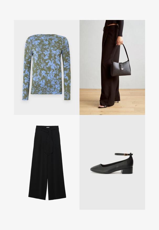 Hossú ujjú póló olíva zöld színben, kék batikolt mintával. Kerek nyakkivágással és puha textúrával rendelkezik. Kényelmes viselet mindennapi használatra.; Fekete, bő szárú nadrág, texturált anyagból, rugalmas derékpánttal és levehető sállal a derekán, amely állítható illeszkedést biztosít.; Fekete bőr magassarkú cipő hegyes orral és alacsony tömb sarkal. Bokapánttal rendelkezik, aranyszínű csattal. Simább textúra.; Fekete kézi táska strukturált formával, sima textúrával és fémből készült záródással. Széles fekete nadrággal és nyitott orrú szandállal párosítva, fából készült padlón.