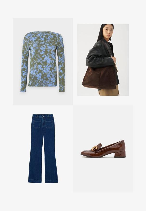 Long-sleeve t-shirt in olive green with blue tie-dye pattern. Features a crew neckline and soft texture. Suitable for casual wear.; Denim flared jeans in dark blue with a smooth texture, five-pocket design, and a button closure at the waist.; Brown leather loafers with a glossy finish, featuring a decorative gold buckle on the front and a low block heel. Classic design.; Brown suede tote bag with a wide shape and soft texture, featuring a single strap and minimal hardware against a neutral backdrop.