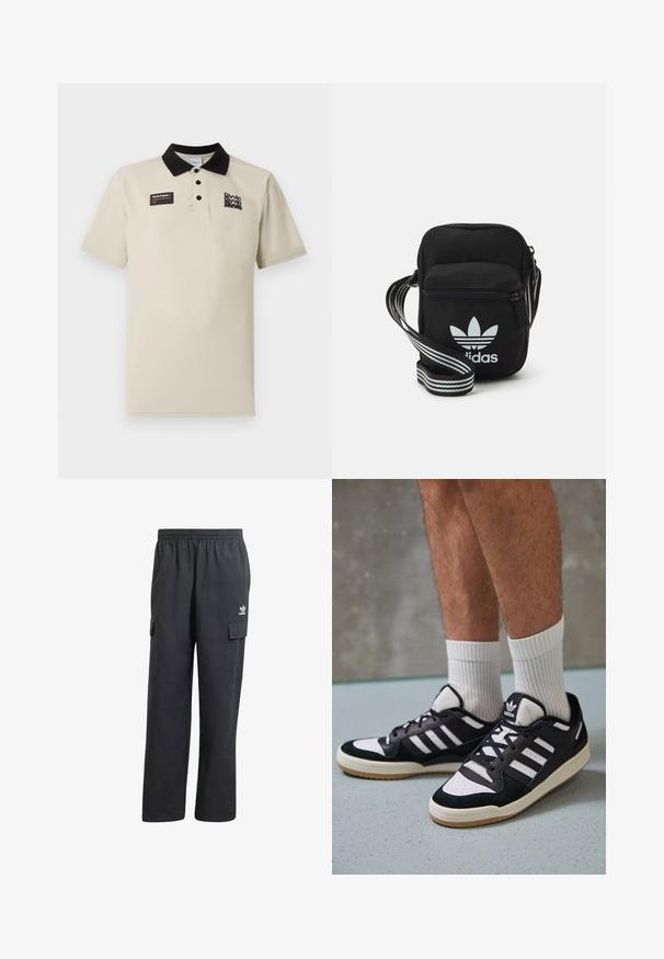 Beige Poloshirt aus glattem Material, mit schwarzem Kragen, drei Knöpfen und einem schwarzen und roten Grafiklabel auf der linken Brust.; Schwarze Cargo-Hosen mit einem elastischen Bund, zwei Seitentaschen und einem dezenten Logo auf dem linken Oberschenkel. Hergestellt aus einem leichten Stoff.; Schwarz-weiße Sneaker mit einem Obermaterial aus Wildleder und Leder, ausgestattet mit drei weißen Streifen, einer perforierten Zehenpartie und einer Sohle aus Gummi.; Schwarze Umhängetasche aus Stoff mit Reißverschluss, ausgestattet mit einem weißen Adidas-Logo und einem gestreiften, verstellbaren Tragegurt für einfachen Transport.