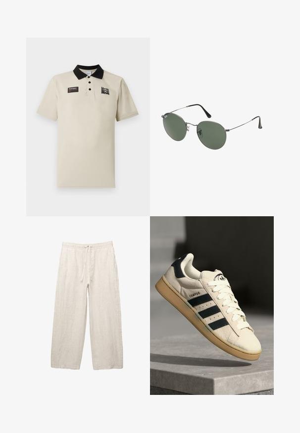 Beige pólóing sima anyagból, fekete gallérral, három gombbal és egy fekete és piros grafikával ellátott bal oldali mellkasi címkével.; Világos bézs színű vászonnadrág, rugalmas derékkal, húzózsinórral, széles lábszárral és oldalsó zsebekkel. Simás textúra.; Bézs velúr sportcipő három sötétkék csíkkal, fehér fűzőkkel és világosbarna gumi talppal. A nyelvén logó található, valamint a "CAMPUS" felirat.; Fémkeretes napszemüveg ovális zöld lencsékkel. Vékony ezüst színű fémkeret és fekete fülrész. Minimalista dizájn, látható logók nélkül.