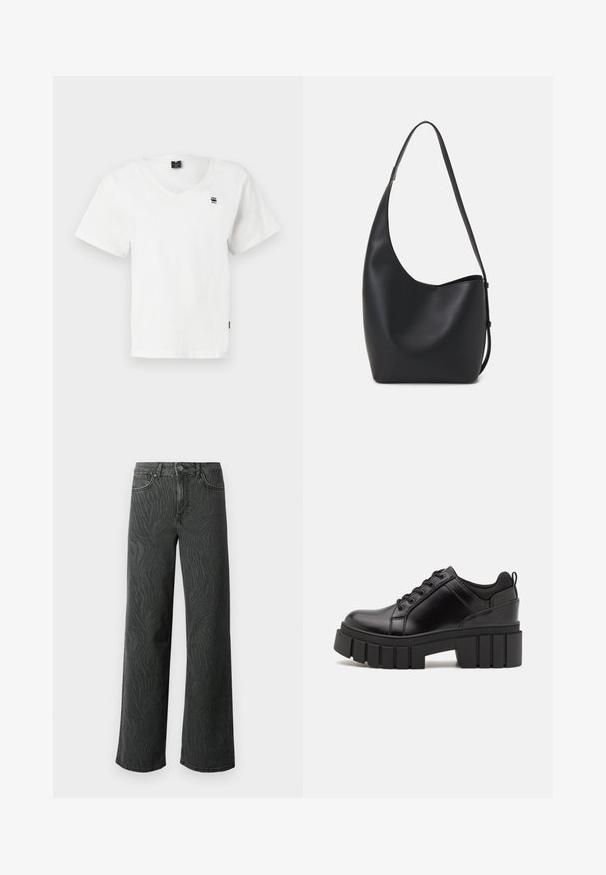 T-shirt bianco a maniche corte con scollatura a V realizzato in cotone. Presenta un piccolo logo nero sulla parte superiore sinistra del petto e un orlo dritto. Design semplice.; Jeans a gamba larga in denim grigio scuro, con una sottile texture a zebra, cuciture a contrasto e design a cinque tasche con chiusura a bottone.; Scarpe platform in pelle nera con tacco a blocco robusto, punta rotonda e design tradizionale con lacci. Presentano una superficie liscia e dettagli minimi.; Borsa hobo nera in pelle con una superficie liscia, forma curvata e una singola tracolla regolabile; presenta un'ampia apertura nella parte superiore.