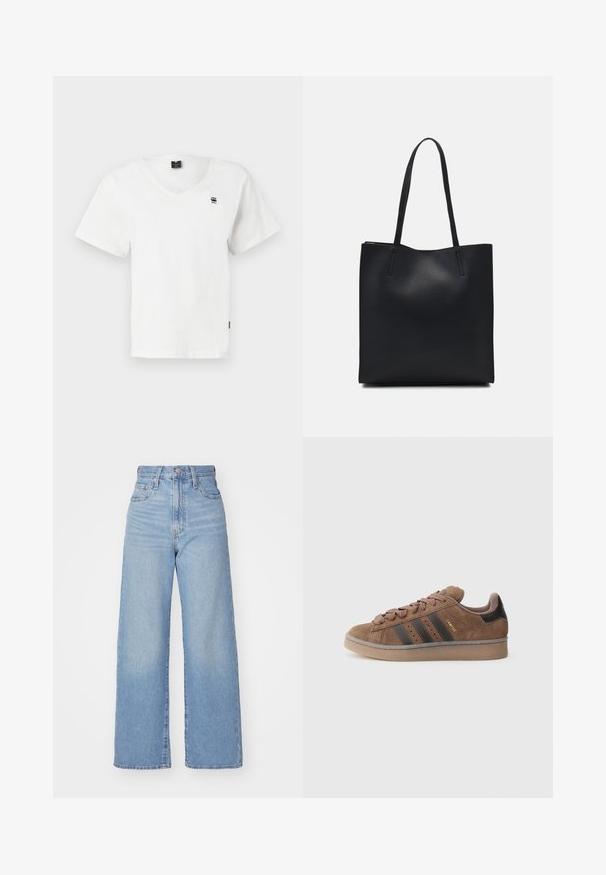 Camiseta branca de manga curta com decote em V, feita de algodão. Apresenta um pequeno logótipo preto no lado superior esquerdo do peito e uma bainha reta. Design simples.; Jeans de cintura alta e perna larga em azul claro, com fecho frontal de botão e zíper, bolsos frontais e traseiros, sobre um fundo branco.; Tênis de camurça castanha com três riscas escuras, parte frontal com atacadores texturizados e calcanhar preto contrastante. Conta com sola de borracha e marcação dourada.; Bolsa tote preta em couro com textura lisa, forma retangular e duas alças longas. Sem hardware ou enfeites visíveis.