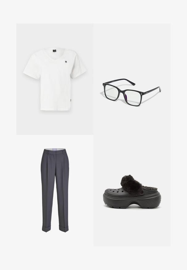 Balta īsām piedurknēm V-veida kakla T-kreklā, izgatavota no kokvilnas. Uz kreisā krūts augšdaļas ir mazs melnslogo, un tam ir taisna apmale. Vienkāršs dizains.; Tumši pelēki piegriezti bikses ar taisnas kājas dizainu, ar plecu priekšpusi un pārceltām aprocēm. Izgatavotas no gludas auduma, ar klasisku jostasvietu.; Melnas mājas čības ar mīkstu, pūkainu augšdaļu, ar caurumiem priekšā un teksturētu papēdi gripam. Vieglas un viegli uzvelkamas.; Melnas taisnstūra formas brilles ar caurspīdīgām lēcām, kurām ir zelta akcenti uz rāmja un viegls purpursarkans tonis vienā lēcā.