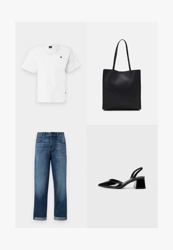 Biała koszulka z krótkim rękawem w serek, wykonana z bawełny. Posiada małe czarne logo na górnej lewej części klatki piersiowej oraz prosty dół. Prosty design.; Dżinsy w średnim niebieskim odcieniu o prostym kroju nogawki, z podwiniętymi brzegami i minimalnymi przetarciami. Klasyczny styl pięciu kieszeni.; Czarne lakierowane półbuty na obcasie z wydłużonym noskiem i geometrycznym słupkiem. Charakteryzują się eleganckim, minimalistycznym designem oraz gładką fakturą.; Czarna skórzana torba tote o gładkiej fakturze, prostokątnym kształcie i dwóch długich uchwytach. Brak widocznych elementów metalowych i ozdób.